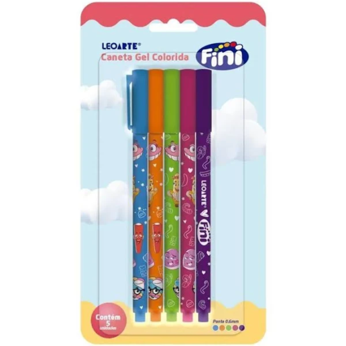 Caneta Escolar Gel colorida 5 Unidades Fini